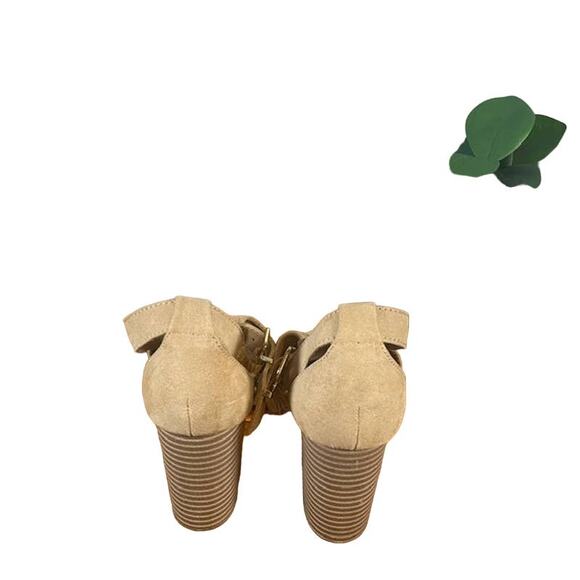 Express Tan Faux Suede Perforated Open Toe Ankle Strap Block Heel Women SZ 6 - Picture 6 of 14